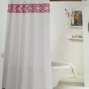Boho Embroidered Fabric Shower Curtain white pink